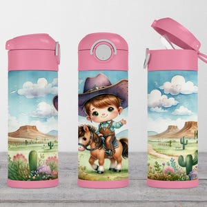 Botella de agua vaquera rosa, 12 oz, tapa abatible con asa, cierre y goma, paquete de regalo para campamento, botella de agua para niños, botella de agua para la escuela.