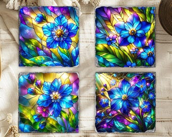 Forget-Me-Not Slate Coaster Set: Faux Stained Glass Alaska Floral Art
