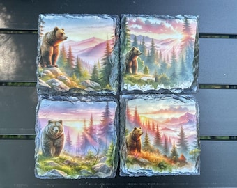Grizzly Bear Slate Coaster Set, Mountain Wilderness Coasters, Rustic Cabin Wildlife Decor Gift