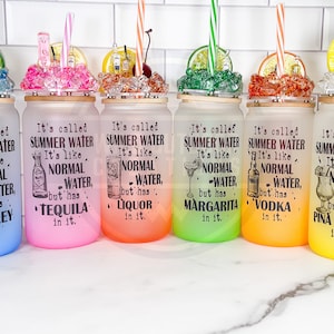 Summer Water Frosted Glass Can Tumbler with Lid & Straw