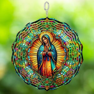 Virgen de Guadalupe 3D aluminium windspinner, kleurrijke faux gebrandschilderd glas tuinspinner, religieus decor, unieke cadeaus voor moeder, kinetisch