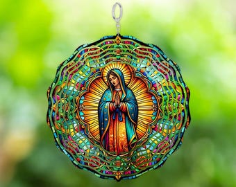 Virgen de Guadalupe Wind Spinner: Colorful Faux Stained Glass, Religious Garden Decor