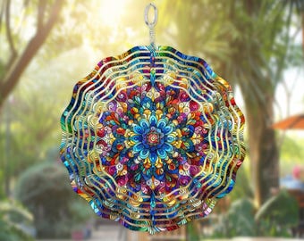 Rainbow Mandala Wind Spinner: 3D Aluminum Outdoor Decor