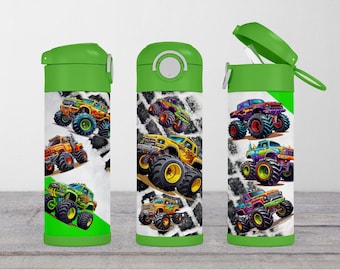 Kids Colorful Monster Truck Water Bottle, Sublimation Stainless Steel, Boys, Green, Insulated