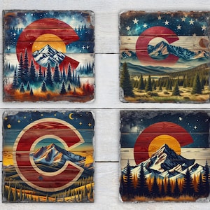 Set of 4 Slate Coasters with Colorado Logo, Mountain and Forest Design, Unique Gifts for Him, Cabin Decor, Colorado Theme Coaster Set