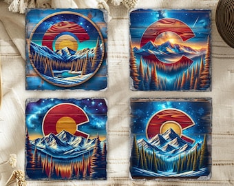 Posavasos de pizarra con escena de montaña de Colorado 'C': decoración rústica para el hogar, juego de 4