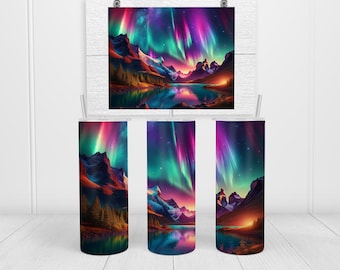 Auroras boreales, montaña, lago, aurora boreal, vaso delgado de 20 oz y 30 oz, regalo de naturaleza nocturna