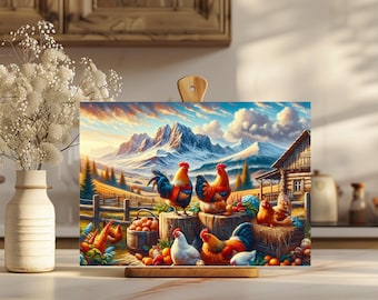 Tabla de cortar de vidrio templado con diseño de gallo y gallina, estilo rústico de granja y montaña.