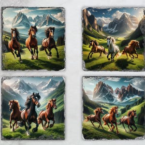 Equestrian Slate Coaster Set: Mountain Valley Horse Design, Set of 4