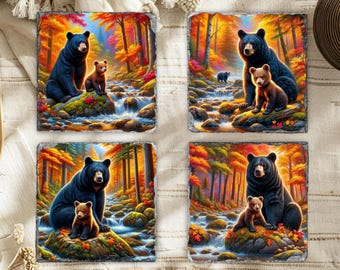 Fractured Edge Slate Coaster Set: Bear & Cub Fall River Scene