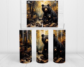 Copo térmico fino com filhote de urso preto - Bosque de Outono, Arte da Natureza