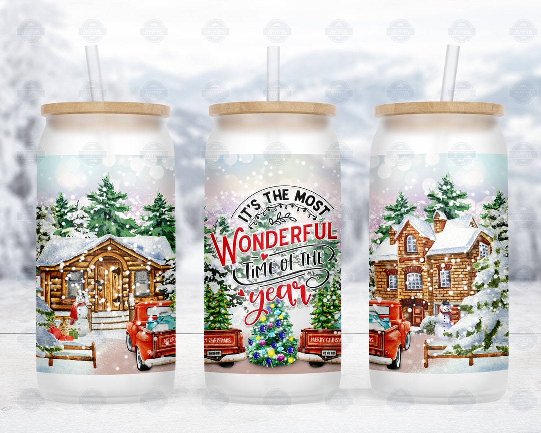 Christmas Glass Cup With Lid and Straw, Iced Coffee Glass Can