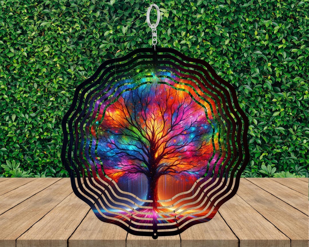 Tree of Life Wind Spinner, 10 Inch Metal Garden Spinner, Rainbow