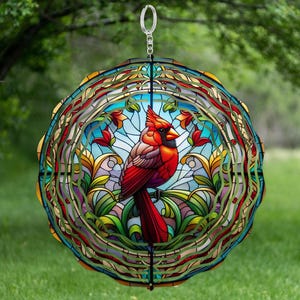 Cardinal Wind Spinner: Faux Stained Glass, Nature-Inspired Aluminum Decor