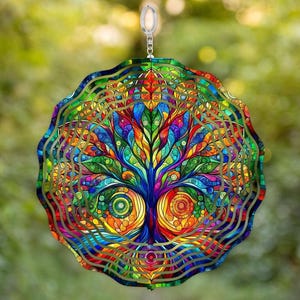 Whimsical Tree of Life Wind Spinner, Colorful Garden Decor, Spiritual Outdoor Metal Art