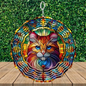 Faux Stained Glass Cat Wind Spinner: Colorful Garden Decor