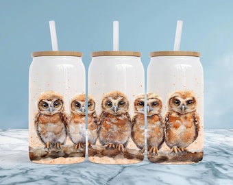 Vaso térmico con diseño de tres búhos bebés en acuarela, de acero inoxidable con aislamiento.