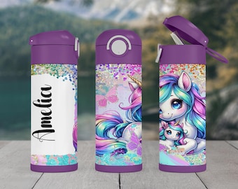 Vaso infantil personalizado de unicornio: botella de agua con tapa abatible de 355 ml