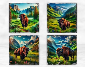 Bison Buffalo Mountain Slate Coasters Set of 4, Wildlife, Western Home Decor