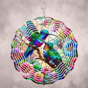 Hummingbird Wind Spinner: Faux Stained Glass, 3D Aluminum, 10 Inch