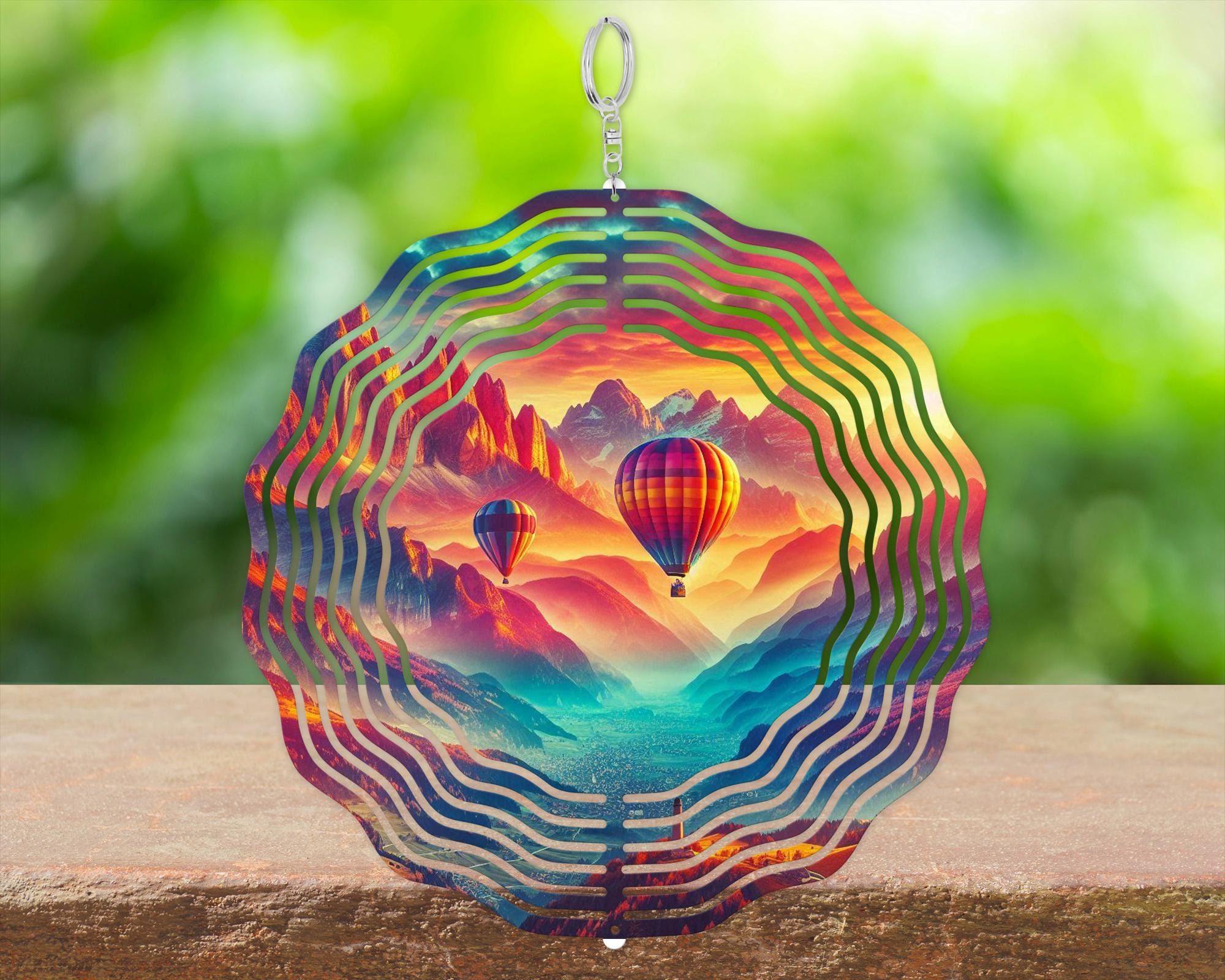 Hot Air Balloon Wind Spinner, Mountain Sunset Garden Decor