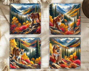 Mountain Lion Cougar Autumn Forest Slate Coasters Set of 4, Wildlife, Western Decor