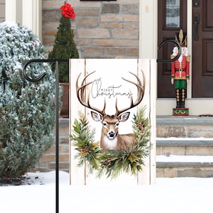 Woodland Deer Christmas Garden Flag: Rustic Holiday Outdoor Decor