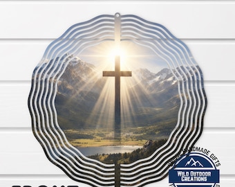 Christian Cross Wind Spinner, Mountain Landscape Faith Decor, Aluminum Garden Art
