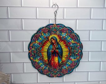 Virgen De Guadalupe, Aluminum Wind Spinner | Faux Stained Glass | 10 Inch Outdoor Art