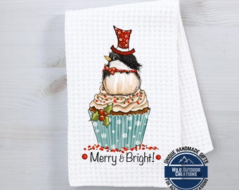 Toalla de cocina navideña con diseño de pollitos y cupcakes, tejido gofrado Merry Bright Bird, decoración navideña, regalo