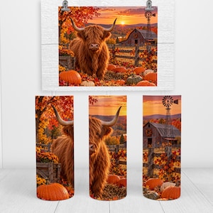 May include: A cylindrical tumbler featuring a wrap-around print of a shaggy brown Highland cow standing in a field with orange pumpkins, autumn foliage, a rustic wooden barn, and a windmill under a sunset sky, displayed with a matching flat print.