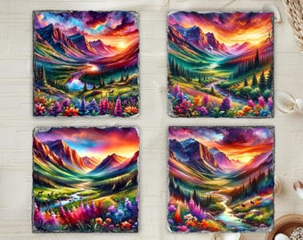 Posavasos Mountain Valley Sunset: Vasos de piedra rústica con soporte, decoración de cabaña