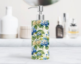 Dispensador de jabón de hortensias: floral para baño o cocina (acero inoxidable de 18 oz)