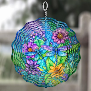 Cata-vento floral em forma de libélula, decoração de jardim em estilo vitral falso, presente de arte inspirada na natureza.