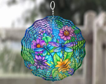 Dragonfly Floral Wind Spinner, Faux Stained Glass Style Garden Decor, Nature Art Gift