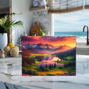 Mountain Lake Sunset Glass Cutting Board  Large Charcuterie Board  Unique Nature-Inspired Cabin Gift