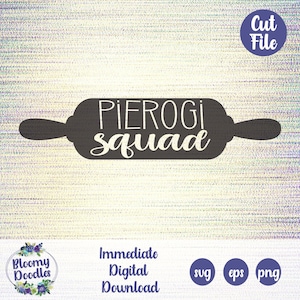 May include: A black silhouette of a rolling pin with the text "PIEROGI squad" in white. The image is on a light yellow and white striped background.