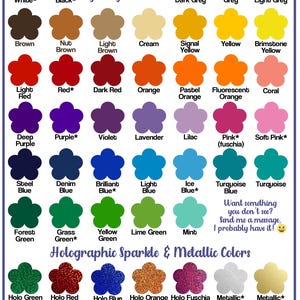 a variety of colorful vinyl color choices available in glittery shimmer, including white, black, brown, red, orange, yellow, green, purple, blue, lavender, pink, soft pink, deep purple, teal, turquoise, and metallic colors.