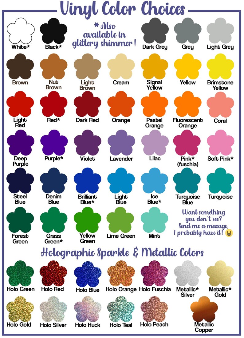 a variety of colorful vinyl color choices available in glittery shimmer, including white, black, brown, red, orange, yellow, green, purple, blue, lavender, pink, soft pink, deep purple, teal, turquoise, and metallic colors.
