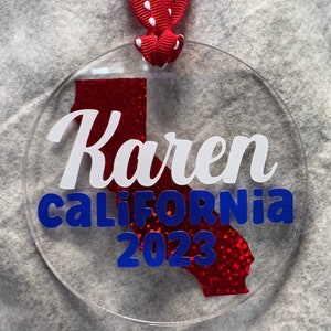 Ornament, CALIFORNIA Acrylic Personalized, Christmas Gift, Vacation Keepsake, Xmas gift, Travel Gift, State Gift, California Souvenir, Cali