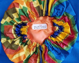 Premium Quality Extra Large Satin Double Layered African Print Bonnet For Braids, Locs, Natural, and Curly Hair (Handmade/Reversible)