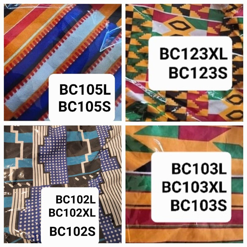 May include: Four different fabric swatches with colorful geometric patterns. The swatches are labeled with the following codes: BC105L, BC105S, BC123XL, BC123S, BC103L, BC103XL, BC103S, BC102L, BC102XL, BC102S.