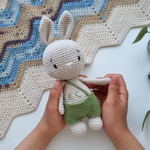 Cute cuddle bunny, crochet bunny, amigurumi bunny, soft toy, gift for your boy or girl, stuffed bunny with clothes, crochet nursery rabbit