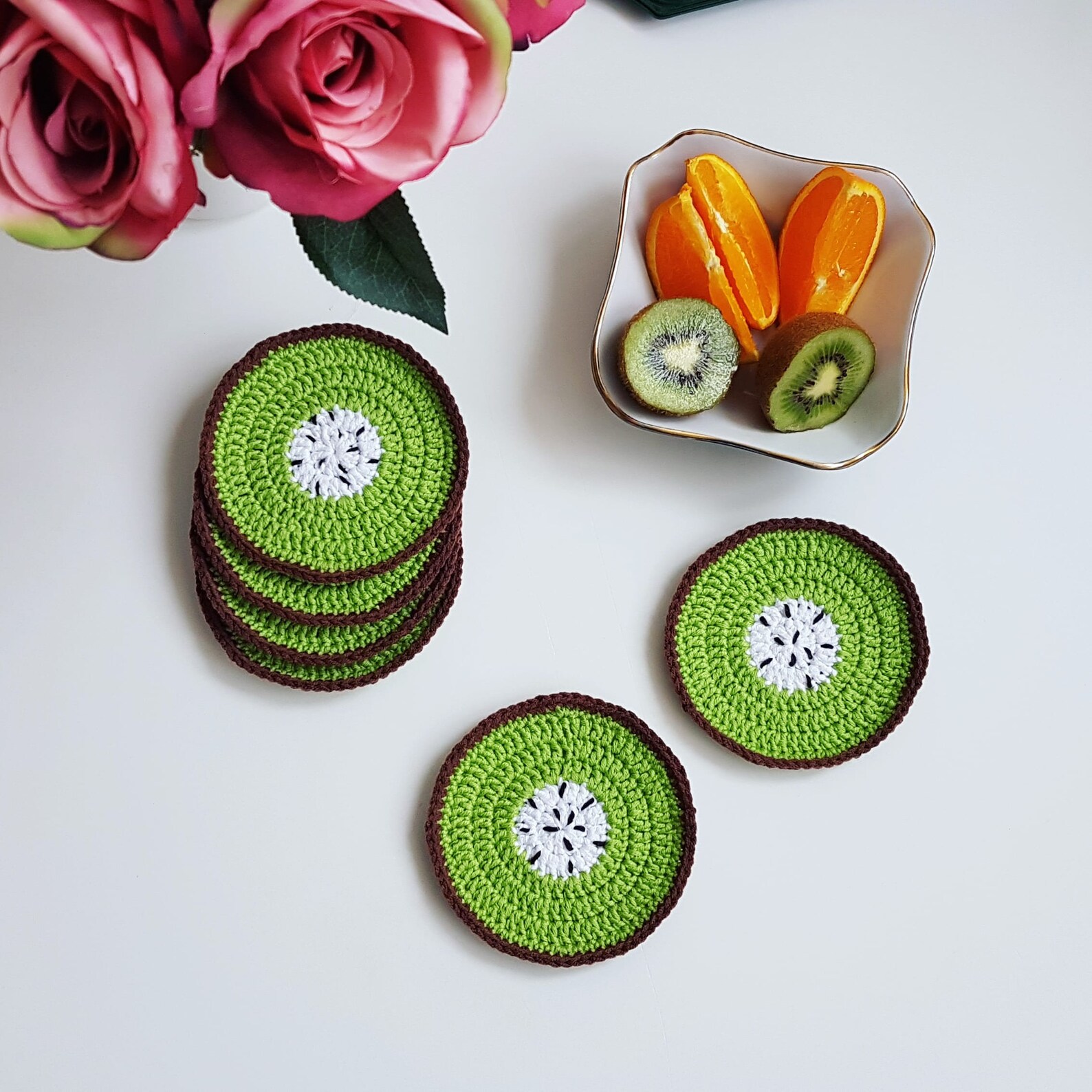 Crochet Tea/drink Handmade Coaster, Mothers Day Gift, Kitchen Fruit Decor, Kiwi Tea Coaster