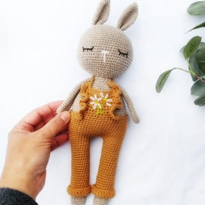Gehäkelter Hase mit Schlafaugen- Handgemachtes Amigurumi Spielzeug in angenähter Latzhose-Weicher Plüsch Hase-Babyparty Geschenk-Kinderzimmer Dekor-Kleinkindgeschenk