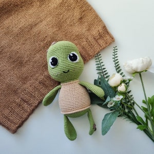 Puede incluir: Un juguete de peluche verde tejido a crochet con forma de tortuga, con ojos grandes y un caparazón beige tejido a crochet. El juguete está sentado sobre una manta de punto marrón.