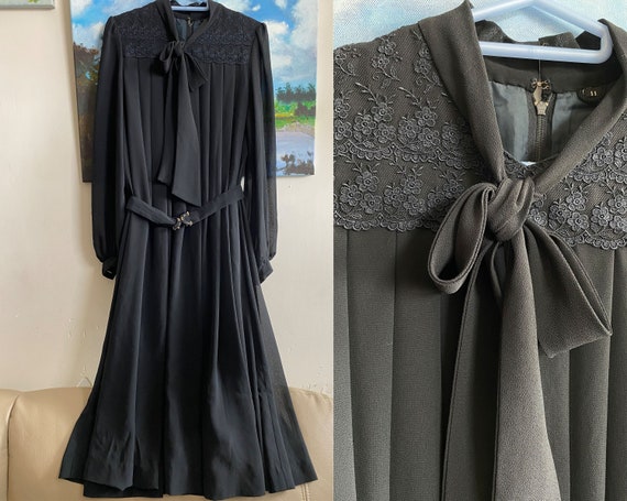 Vintage black chiffon lace midi dress with belt, S
