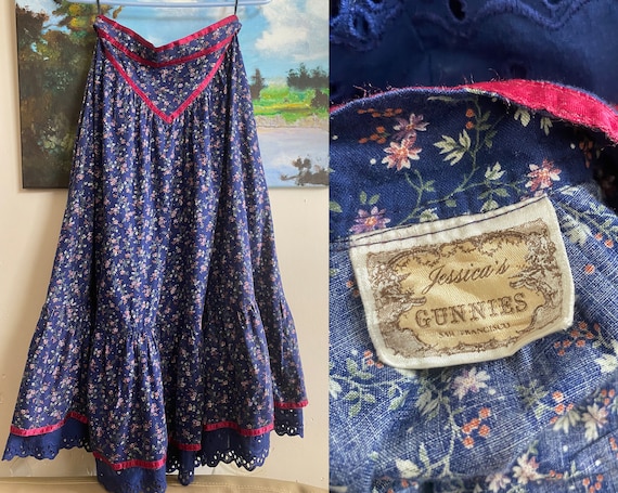 Vintage Gunne Sax Blue floral red ribbon skirt XS