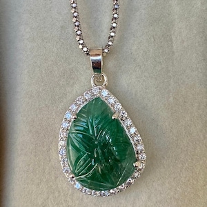 Carved Emerald Sterling Silver Necklace: Zambian Emerald Pendant