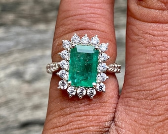 Emerald Silver Birthstone Ring: 3.40 Carat Emerald & Zircon Cluster